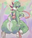  2021 anthro big_butt bodily_fluids butt crouching female green_body hi_res holding_butt huge_butt kiseff long_tongue mario_bros nintendo saliva solo tongue tongue_out video_games yoshi 