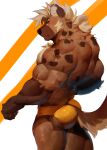  2021 absurd_res anthro back_muscles biceps big_butt big_muscles biped brown_body brown_fur brown_nose brown_spots butt chest_tuft chromatic_aberration clothed clothing digital_media_(artwork) fur hair hi_res hyaenid looking_at_viewer male mammal muscular muscular_anthro muscular_male muscular_thighs o_reowoof pecs pinup pose quads solo speedo speedo_only spots spotted_body spotted_fur spotted_hyena swimwear tan_hair thick_thighs tuft yellow_sclera 