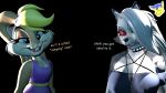  16:9 3d_(artwork) anthro breasts canid canine canis cleavage clothed clothing comic_sans digital_media_(artwork) duo ear_piercing ear_ring english_text eyebrow_piercing eyebrow_ring eyebrows facial_piercing female female/female hair hair_over_eye helluva_boss hi_res jam_tarty lagomorph leporid lola_bunny looking_at_viewer loona_(helluva_boss) looney_tunes mammal one_eye_obstructed piercing rabbit raised_eyebrow source_filmmaker text warner_brothers widescreen wolf 