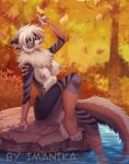  2021 4_toes 5_fingers anthro areola blue_eyes breasts brown_body brown_fur day detailed_background digital_media_(artwork) feet felid feline female fingers forest fur grass imanika mammal neck_tuft nipples nude outside partially_submerged plant rock sitting toes tree tuft 