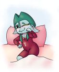 absurd_res blue_body blue_skin blush caflec clothed clothing female fimoman goblin green_hair hair hi_res humanoid looking_at_viewer membrane_(anatomy) one_eye_closed onesie pajamas pillow simple_background sleepwear smile smiling_at_viewer solo tulpa webbed_feet webbed_hands wink winking_at_viewer 