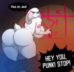  2019 absurd_res anthro bent_over big_breasts big_butt breasts butt clothed clothing curvy_figure detailed_background dialogue digital_media_(artwork) english_text eyelashes female fingers fur genitals graffiti hi_res hourglass_figure huge_breasts huge_butt lagomorph leporid looking_back mammal mooning nude outside paint pants_down partially_clothed pussy rabbit rear_view red_eyes solo spray_paint superix teeth text thick_thighs voluptuous white_body white_fur wide_hips 