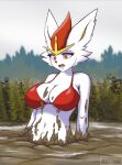  anthro big_breasts bikini bikini_top breasts cinderace clothing eyebrows eyelashes female fur hi_res john_hundred looking_down mud muddy navel nintendo open_mouth outside partially_submerged plant pok&eacute;mon pok&eacute;mon_(species) pupils red_bikini red_eyes solo swamp swimwear video_games white_body white_fur white_pupils 