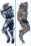  alien armor bedroom_eyes blue_eyes bodypaint clothed clothing crscannel dakimakura_design face_paint facial_scar garrus_vakarian hand_on_leg hand_on_thigh head_on_arm hi_res looking_at_viewer lying male mass_effect multiple_images narrowed_eyes on_side scar seductive solo teeth turian underwear underwear_only video_games visor 