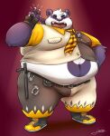  2021 alp_(tas) anthro belly black_nose bottomwear clothed clothing fully_clothed giant_panda hi_res kemono lakalando lifewonders male mammal navel obese obese_male overweight overweight_male pants police police_badge police_uniform purple_body shirt simple_background solo tokyo_afterschool_summoners topwear uniform ursid video_games white_body 