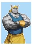  2021 anthro barazoku big_muscles clothing crossed_arms eyebrows grey_body grey_horn grey_skin headkerchief hi_res horn kerchief male mammal muscular muscular_anthro muscular_male rhinocerotoid shirt solo standing tank_top thick_eyebrows topwear traver009 veiny_muscles wristband yellow_eyes 