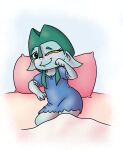  absurd_res blue_body blue_skin blush caflec clothed clothing female fimoman goblin green_hair hair hi_res humanoid looking_at_viewer membrane_(anatomy) nightgown one_eye_closed pajamas pillow simple_background sleepwear smile smiling_at_viewer solo tulpa webbed_feet webbed_hands wink winking_at_viewer 