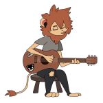  1:1 2020 anthro brown_hair brown_mane clothed clothing digital_drawing_(artwork) digital_media_(artwork) earbuds elbow_tufts eyes_closed felid fully_clothed fur furniture guitar guitar_pick hair headphones hi_res kennyoung lion male mammal mane matt_(scratch21) musical_instrument pantherine plucked_string_instrument scratch21 simple_background sitting solo sticker stool string_instrument tail_tuft text tuft white_background yellow_body yellow_fur 
