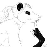  1:1 2021 accessory anthro beady_eyes black_and_white blep breasts claws clothed clothing cybercorn_entropic didelphid female hair hair_accessory hair_tie inktober inktober_2021 looking_at_viewer mammal marsupial monochrome ponytail side_boob solo tongue tongue_out topless virginia_opossum 