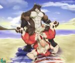  abs anal anal_penetration anthro armpit_hair balls beach biceps black_claws bodily_fluids body_hair brown_body brown_fur canid canine canis claws clenched_teeth cloud countershading cum cum_in_ass cum_inside cum_on_face cum_on_ground cum_splatter cum_string cum_while_penetrated day duo eye_contact fur genital_fluids genitals grin hi_res humanoid_genitalia humanoid_penis looking_at_another male male/male mammal messy multicolored_body multicolored_fur muscular muscular_anthro muscular_male neofi nipple_piercing nipple_ring nipples nude open_mouth outside pawpads pecs penetration penis piercing piledriver_position pull_out red_body red_fur ren_(daikitei) sand sea seaside sex smile tan_body tan_countershading tan_fur teeth towel water wolf 