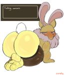  2021 all_fours anthro backsack balls big_butt black_clothing black_footwear black_socks blush bunny_costume butt clothing costume dialogue english_text eyebrows fake_ears fake_rabbit_ears feet footwear fur genitals hi_res hypno_(pok&eacute;mon) legwear looking_at_viewer looking_back male mammal mostly_nude neck_tuft nintendo pok&eacute;mon pok&eacute;mon_(species) presenting presenting_hindquarters rear_view signature simple_background socks soles solo tapir text text_box thigh_highs translucent translucent_clothing translucent_legwear tuft uromatsu video_games white_background yellow_body yellow_fur 