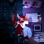  1:1 2014 anthro black_nose bleachers bodypaint canid canine cheering face_paint fox fredryk_phox fur hair heterochromia hi_res male mammal multicolored_body multicolored_fur office red_hair solo sport 
