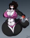  2019 abs absurd_res anthro artist_name biceps big_breasts bikini black_body black_fur blush breasts brown_hair canid canine canis cleavage clothed clothing curvy_figure digital_media_(artwork) domestic_dog female fingers fur grey_background hair hi_res hourglass_figure huge_breasts mammal maribelle_(jwinkz) multicolored_body multicolored_fur muscular muscular_anthro muscular_female navel orange_body orange_fur ponytail red_eyes signature simple_background smile solo standing superix swimwear thick_thighs voluptuous white_body white_fur wide_hips 
