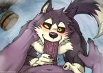  anthro bathym blush canid canine canis domestic_dog duo first_person_view fur garmr genitals hot_spring kumak71395 lifewonders male male/male male_pov mammal muscular muscular_anthro muscular_male nude one_eye_closed oral penis purple_body purple_fur sex tokyo_afterschool_summoners video_games water wink 