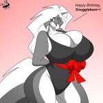  1:1 absurd_res anthro bow_(knot) breasts cjshadorunner cleavage clothed clothing dialogue english_text female happy_birthday hi_res kelsey_sienna mammal mephitid one-piece_swimsuit ribbons skunk solo swimwear text 