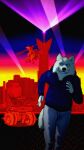  2014 9:16 aircraft anthro blue_eyes canid canine city city_background clothed clothing fredryk_phox fully_clothed fur helicopter hi_res hoodie male mammal running_away solo topwear yellow_body yellow_fur 