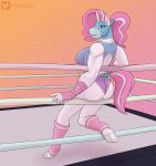  absurd_res anthro athletic athletic_female big_breasts breasts butt butt_pose clothed clothing equid equine female fighting_ring hair hi_res horn looking_back mammal pose simple_background solo unibro_pi unicorn wrestling_singlet 