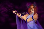  3:2 ale-tie anthro black_sclera brown_hair clothed clothing dress felid female gesture glitter hair hi_res horn hybrid lion mammal neileen pantherine pawpads pointing pointing_at_another purple_clothing purple_dress solo veil 
