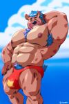  2021 2:3 anthro armpit_hair barazoku big_bulge big_muscles black_claws black_nose blue_hair body_hair brown_body brown_fur brown_nipples bulge chest_hair claws clothed clothing fur hair hand_behind_head happy_trail hi_res humanoid_hands hyaenid looking_at_viewer male mammal muscular muscular_anthro muscular_male nipples pose smile solo speedo spots spotted_body spotted_fur standing swimwear taoren topless 