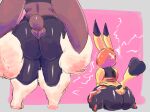  absurd_res anthro big_butt bodily_fluids butt butt_focus clothed clothing cosplay_pikachu_(costume) duo female hi_res huge_butt kiseff larger_female mega_evolution mega_lopunny nintendo pikachu pikachu_libre pok&eacute;mon pok&eacute;mon_(species) rear_view short_stack size_difference smaller_female spandex standing sweat thick_thighs tight_clothing video_games 