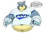  2021 animal_crossing anthro belly clothing curt_(animal_crossing) english_text hi_res humanoid_hands male mammal nintendo overweight overweight_male shirt simple_background solo splashburr text text_on_clothing text_on_shirt text_on_topwear topwear ursid video_games white_background 