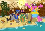  anthro beach bentley_turtle bottomless brown_eyes clothed clothing common_hippopotamus darkajugin eyewear floatie fur goggles green_body green_scales grey_body grey_fur group hi_res hippopotamid male mammal murray_hippopotamus outside pink_body pink_skin procyonid raccoon reptile sand scales scalie seaside sly_cooper sly_cooper_(series) sony_corporation sony_interactive_entertainment sucker_punch_productions swimwear tube turtle video_games water 