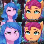  1:1 blue_hair comic dialogue earth_pony english_text equid equine female for_the_better_right? green_eyes hair hasbro hi_res horn horse izzy_moonbow_(mlp) mammal marenlicious meme mlp_g5 my_little_pony narrowed_eyes pony purple_eyes purple_hair smile squint sunny_starscout_(mlp) text unicorn 