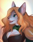  anthro breasts brown_hair clothed clothing domestic_cat eyebrows eyelashes felicia_cat felid feline felis female green_eyes hair hi_res mammal open_mouth smile solo teeth tongue 