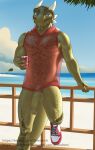  absurd_res anthro archshen argonian balls beach bethesda_softworks beverage_can big_balls big_penis blue_eyes bottomless chin_spikes clothed clothing erection facial_spikes footwear foreskin genitals half-erect hi_res hoodie horn huge_penis humanoid_genitalia humanoid_penis long_penis looking_at_viewer male mesh_top muscular muscular_male outside penis railing scalie seaside shen_(archshen) shoes sleeveless_hoodie solo spikes spikes_(anatomy) the_elder_scrolls topwear translucent translucent_clothing vein veiny_penis video_games water 