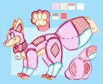  anatomically_correct anatomically_correct_genitalia anatomically_correct_pussy animal_genitalia animal_pussy animate_inanimate bell big_tail blue_background blue_eyes canid canine canine_pussy collar female feral fox genitals living_plushie mammal model_sheet patch_(fabric) pawpads paws pink_body plushie pocketpaws polka_dots pussy seam_(sewing) simple_background solo stitch_(sewing) striped_body stripes velvet_(schattenflamme) yellow_body 