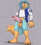  2021 4_toes 5_fingers anthro balls broken_sex_toy canid canine canis clothed clothing digital_media_(artwork) domestic_dog feet fingers genitals hi_res male mammal penis seibear solo teslawolfen toes 