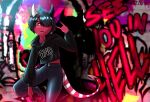  4322chan ambiguous_gender black_hair black_nails clothed clothing colored_nails detailed_background graffiti hair hi_res horn humanoid imp looking_at_viewer nails red_body red_eyes solo yellow_sclera 