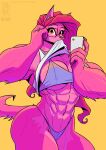  2021 abs anthro big_breasts bra breasts canid canine cellphone claws clothed clothing clothing_lift conditional_dnp eyewear female fur glasses hair jollyjack looking_at_viewer mammal muscular muscular_arms muscular_female muscular_thighs orange_eyes panties phone pink_body pink_fur pink_hair shirt shirt_lift simple_background solo topwear underwear were werecanid werecanine werewolf yellow_background 