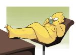  alphys anthro areola belly book breasts butt chair chubby_anthro chubby_female claws crossed_legs desk eyebrows eyewear feet_up female furniture glasses half-closed_eyes hi_res holding_book holding_object leaning leaning_back lizard lounging narrowed_eyes nipples non-mammal_breasts non-mammal_nipples nude office_chair overweight overweight_anthro overweight_female raised_eyebrows reading reptile rubbish_chameleon scales scalie side_view simple_background slightly_chubby small_breasts thick_thighs three-quarter_view undertale_(series) yellow_body yellow_scales 