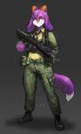  2021 absurd_res anthro assault_rifle boots bottomwear bovid camo caprine chest_tuft clothed clothing digital_media_(artwork) dipstick_tail eyebrows eyelashes fangs female fingerless_gloves footwear fully_clothed fur gloves goat gun handwear hi_res horn looking_at_viewer mammal markings orange_eyes pants pgm300 purple_body purple_fur ranged_weapon rifle shaded smile smiling_at_viewer solo standing tail_markings tuft weapon white_body white_fur 