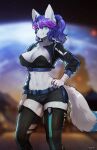  2021 anthro blue_eyes blurred_background bottomwear breasts canid canine chest_tuft clothing digital_media_(artwork) eyebrow_through_hair eyebrows eyelashes fangs female hair hand_on_hip hi_res jacket legwear looking_at_viewer mammal midriff multicolored_hair navel pgm300 pink_hair planet purple_hair shaded short_hair shorts smile solo topwear translucent translucent_hair tuft 