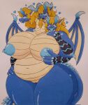  3_heads anthro areola big_breasts breasts claws female genitals hi_res horn hydra jumneyarts membrane_(anatomy) membranous_wings multi_head non-mammal_breasts nude proton_jon pussy reptile scalie thick_thighs wings 