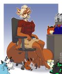  2021 4_arms 4_breasts 4_ears 5_fingers absurd_res anthro breasts buckteeth chair clothed clothing digital_media_(artwork) eurasian_red_squirrel female fingers fortunefox furniture green_eyes hair hi_res looking_at_viewer mammal multi_arm multi_breast multi_ear multi_limb office_chair plushie rodent sammi_roja sciurid short_hair sitting solo teeth tree_squirrel whiskers white_hair 