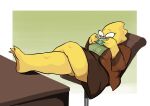  alphys anthro book bottomwear breasts butt chair chubby_anthro chubby_female claws clothed clothing crossed_legs deltarune desk dress_shirt eyebrows eyewear feet_up female fully_clothed furniture glasses half-closed_eyes hi_res holding_book holding_object jacker leaning leaning_back lizard lounging narrowed_eyes non-mammal_breasts office_chair overweight overweight_anthro overweight_female raised_eyebrows reading reptile rubbish_chameleon scalie shirt side_view simple_background skirt slightly_chubby thick_thighs three-quarter_view topwear undertale_(series) upskirt video_games 