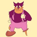  1:1 amedoodls anthro black_eyes black_nose clothed clothing disney domestic_cat felid feline felis footwear gloves grin handwear holding_object looking_at_viewer male mammal obese overalls overalls_only overweight pegleg pete_(disney) shoes signature simple_background smile solo standing stubble yellow_background 