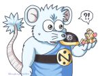 ! 2021 ? anthro black_nose blue_body bodily_fluids brown_body chibi chiu clothed clothing dragon_quest dragon_quest:_the_adventure_of_dai duo gamba_no_bouken gamba_no_bouken_(series) ganba hughug811neo male mammal mouse murid murine rodent simple_background sitting size_difference slightly_chubby square_enix sweat video_games white_background 