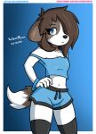  2021 anthro beagle black_clothing black_footwear black_socks blue_clothing blue_eyes blue_shirt blue_tank_top blue_topwear bottomwear breasts brown_body brown_fur brown_hair canid canine canis clothed clothing collar digital_media_(artwork) domestic_dog female fingers fluffy fluffy_tail footwear fur gym_bottomwear gym_clothing gym_shorts hair hair_over_eye hand_on_hip hi_res hunting_dog legwear long_hair looking_away mammal one_eye_obstructed sam_(theidiotmuffin) scent_hound shirt shorts signature simple_background socks solo tank_top text theidiotmuffin thigh_highs topwear url white_body white_fur 