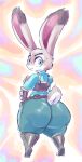  2021 anthro big_butt black_body black_fur blue_eyes bodily_fluids butt clothed clothing disney eyebrows feet female fingers footwear full-length_portrait fur grey_body grey_fur hi_res huge_butt judy_hopps kiseff lagomorph leporid long_ears looking_at_viewer looking_back mammal multicolored_body multicolored_fur police_uniform portrait purple_eyes rabbit rear_view solo standing sweat sweatdrop thick_thighs toes uniform white_body white_fur zootopia 