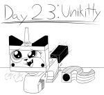  2021 ambiguous_penetration animate_inanimate black_and_white felid feline female hi_res himitsu horn lego living_toy looking_pleasured mammal monochrome motion_lines open_mouth penetration sketch solo text the_lego_movie unikitty 
