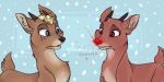  2:1 blonde_hair blue_eyes brown_eyes cervid feral fireball_(rudolph) freckles glowing glowing_nose hair male male/male mammal rudolph_the_red_nosed_reindeer snow yelnatsdraws 