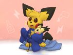  4:3 ambiguous_gender anthro brown_eyes crizbn implied_transformation nintendo open_mouth pichu plushie pok&eacute;mon pok&eacute;mon_(species) red_cheeks signature simple_background solo spiky-eared_pichu video_games 