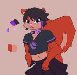  absurd_res anthro biped bottomwear cheek_tuft chest_tuft clothed clothing crop_top facial_tuft female fur hair hi_res its_cerverus looking_at_viewer mammal midriff navel red_body red_fur rodent sciurid shirt skirt smile solo topwear tree_squirrel tuft 