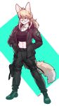  2021 anthro black_clothing bottomwear canid canine clothed clothing digital_media_(artwork) eyewear female footwear fox fully_clothed fur glasses hands_in_pocket hi_res jacket mammal midriff pants pgm300 plantigrade shaded shoes solo topwear uniform 