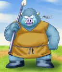  2021 anthro biped blue_body clothed clothing dragon_quest eyes_closed humanoid_hands kemono male mammal orc_(dragon_quest) orc_king_(dragon_quest) outside overweight overweight_male solo square_enix suid suina sus_(pig) toshi_(artist) video_games weapon wild_boar 