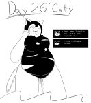  2021 anthro black_and_white breasts camel_toe catti_(deltarune) catty_(undertale) clothed clothing deltarune dialogue domestic_cat duo english_text felid feline felis female hi_res himitsu mammal monochrome one-piece_swimsuit overweight overweight_anthro overweight_female solo_focus swimwear text torn_clothing undertale_(series) video_games wardrobe_malfunction 